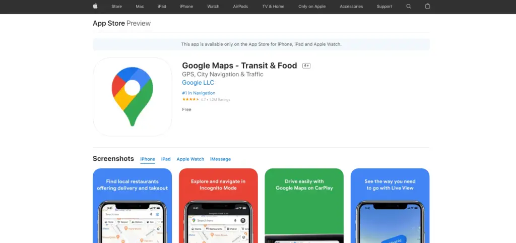 google map appstore overview page