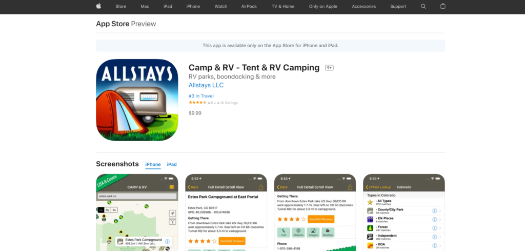 allstays camp and rv appstore overview page