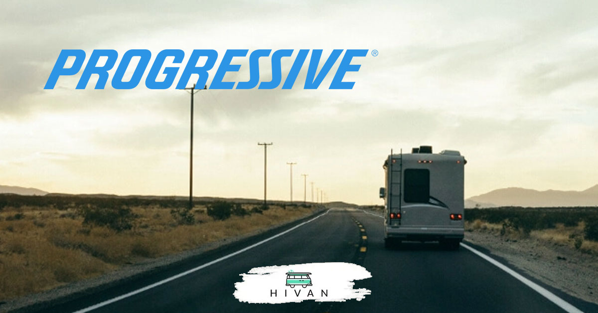 rv on a road hivan.com and progressive insurance logo