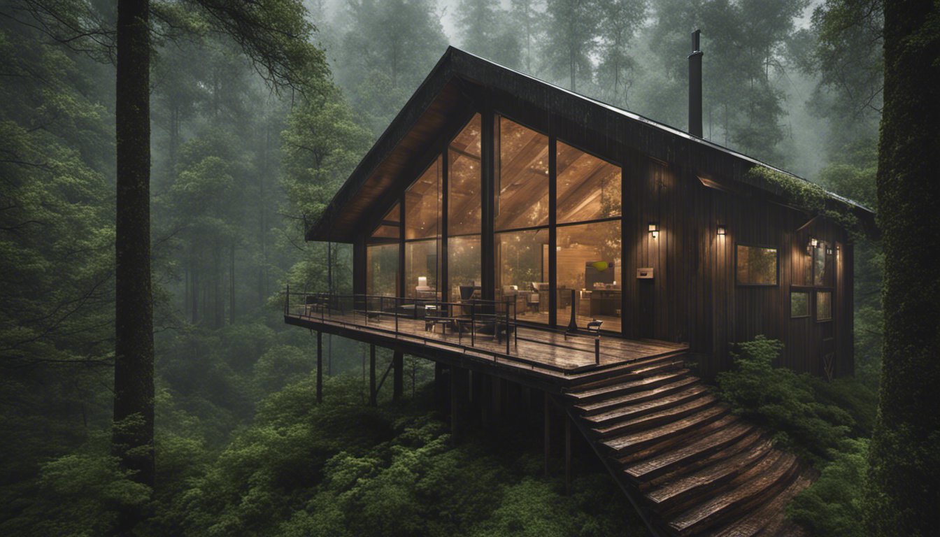 cabin in the middle of the forest while it's raining
