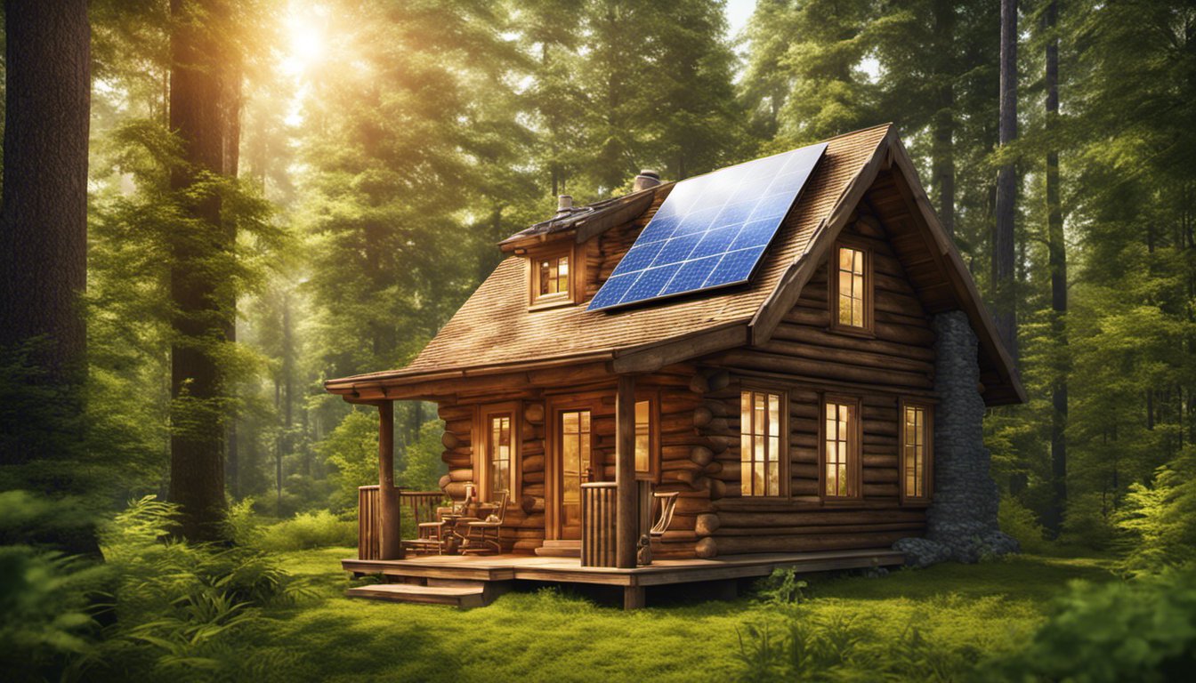 cabin in the middle of the forest with solar panels