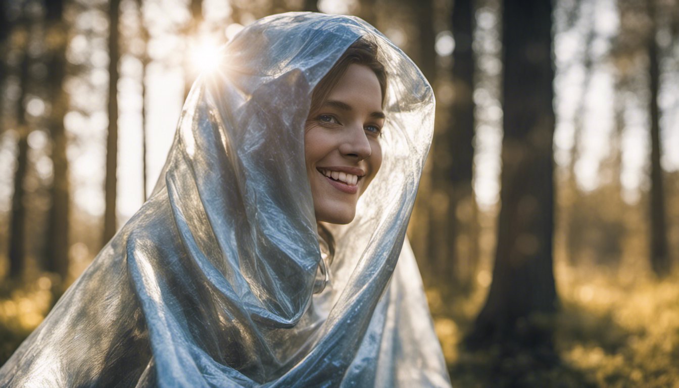 faded and transparent emergency blanket worn by a woman