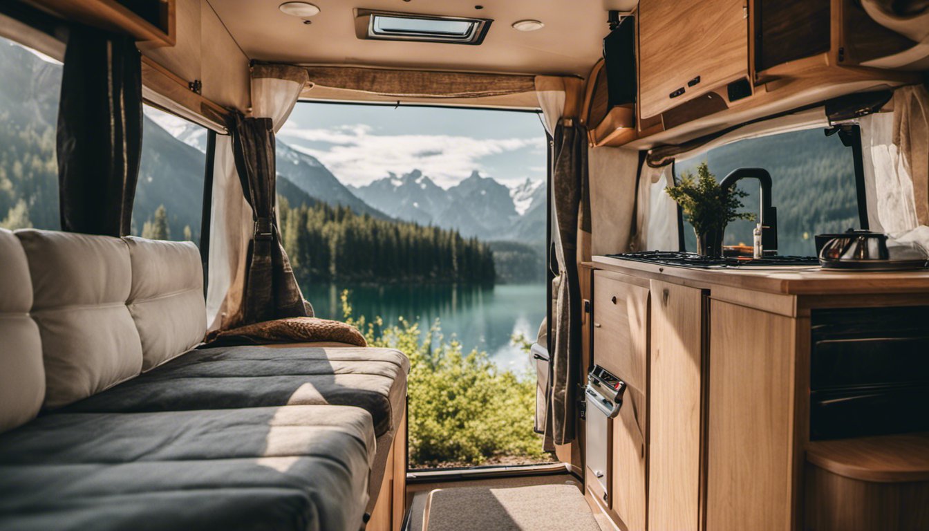 inside of a campervan parked wih beautiful landscape