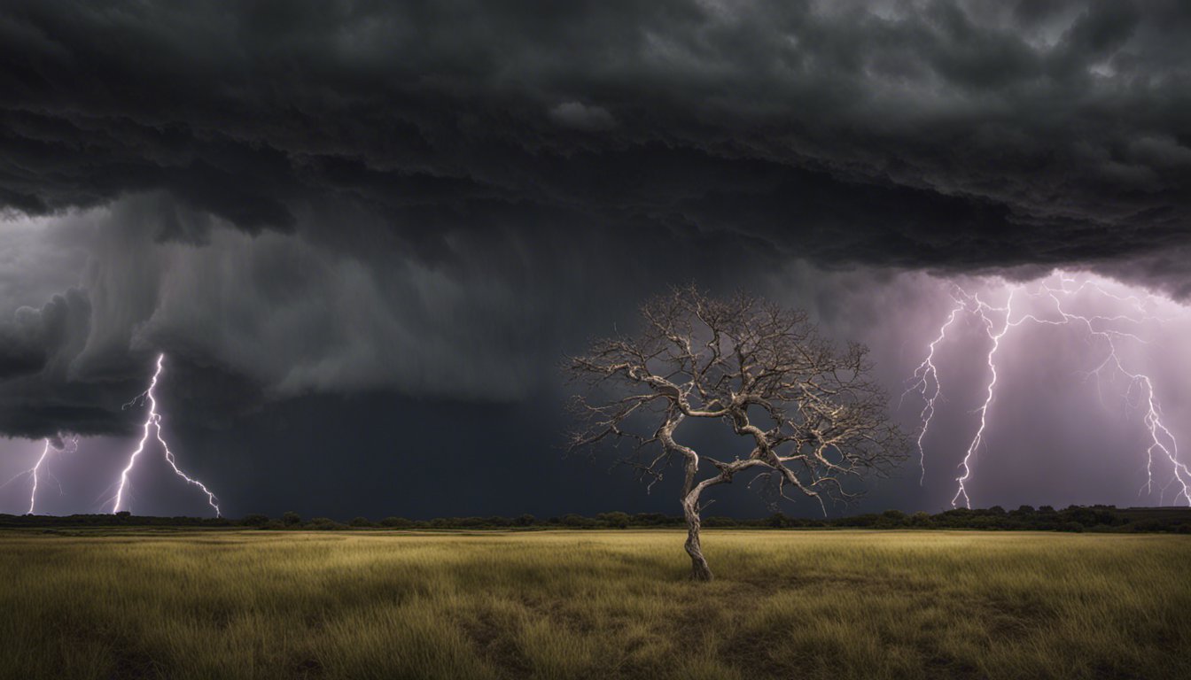 storm behind a dead tree in a field