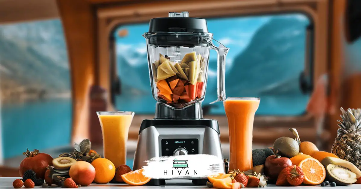 blender with a lot of fruits in a rv kitchen