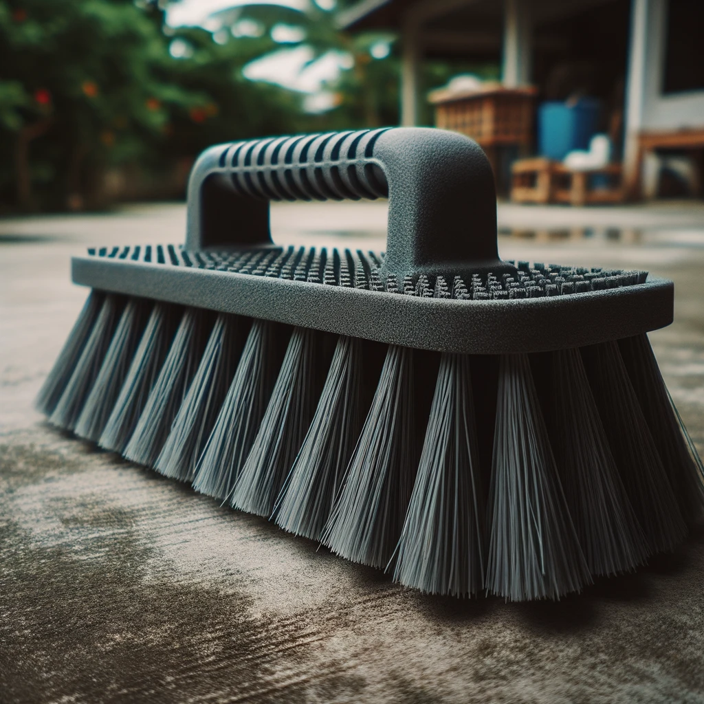 large, heavy-duty plastic and black cleaning brush lying on the ground