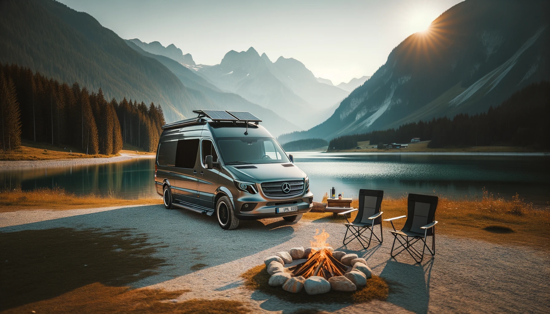 Photo of a sleek sprinter campervan parked by a scenic lakeside with mountains in the background.