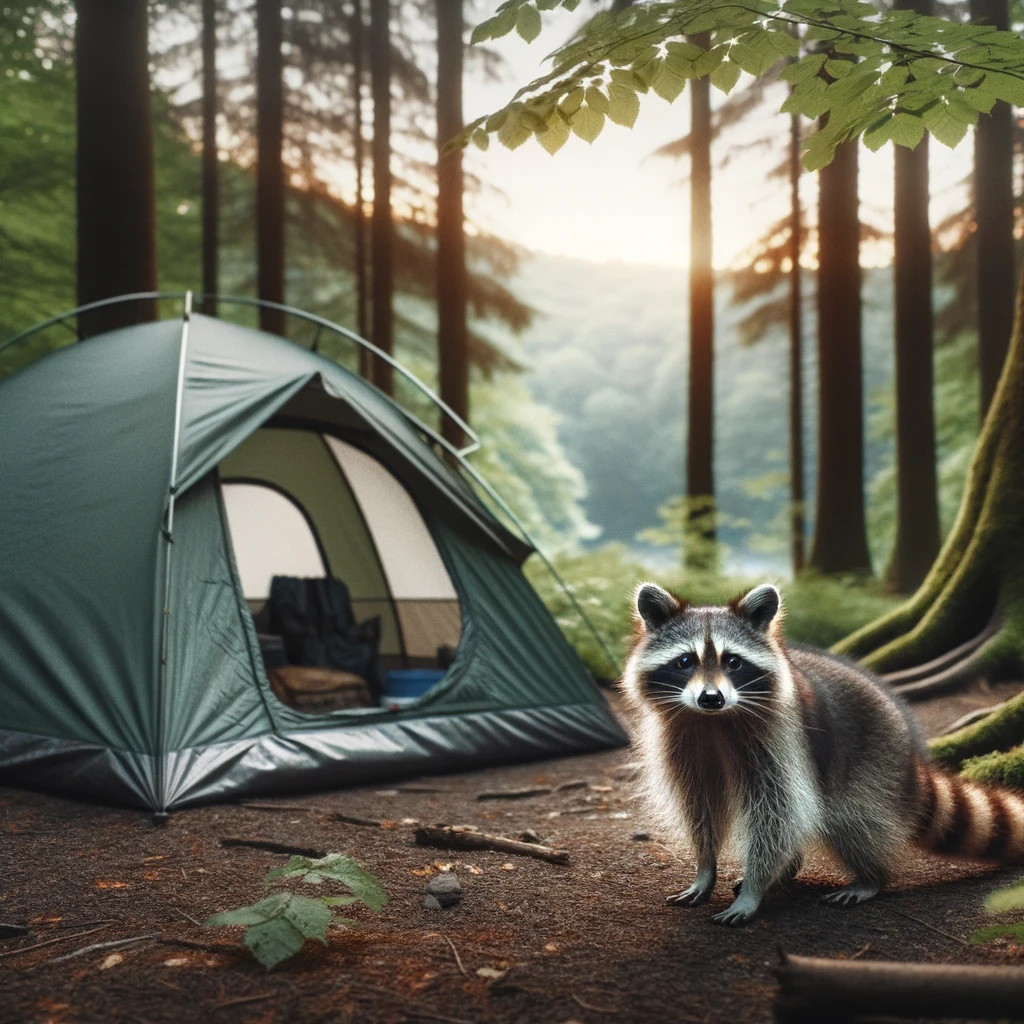 raccoon near a camping tent in a natural forest environment