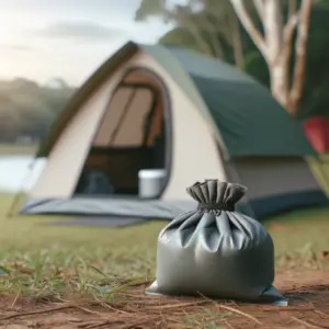 small odor-proof bag placed next to a camping tent 
