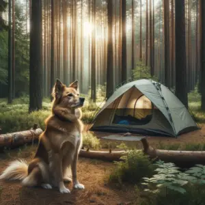  dog sitting obediently in front of a camping tent