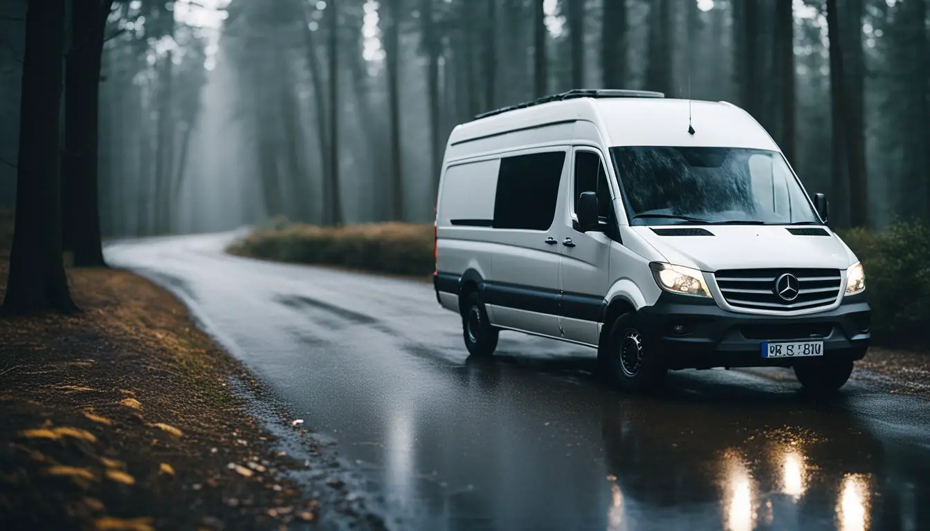 Sprinter white campervan in the forest while raining