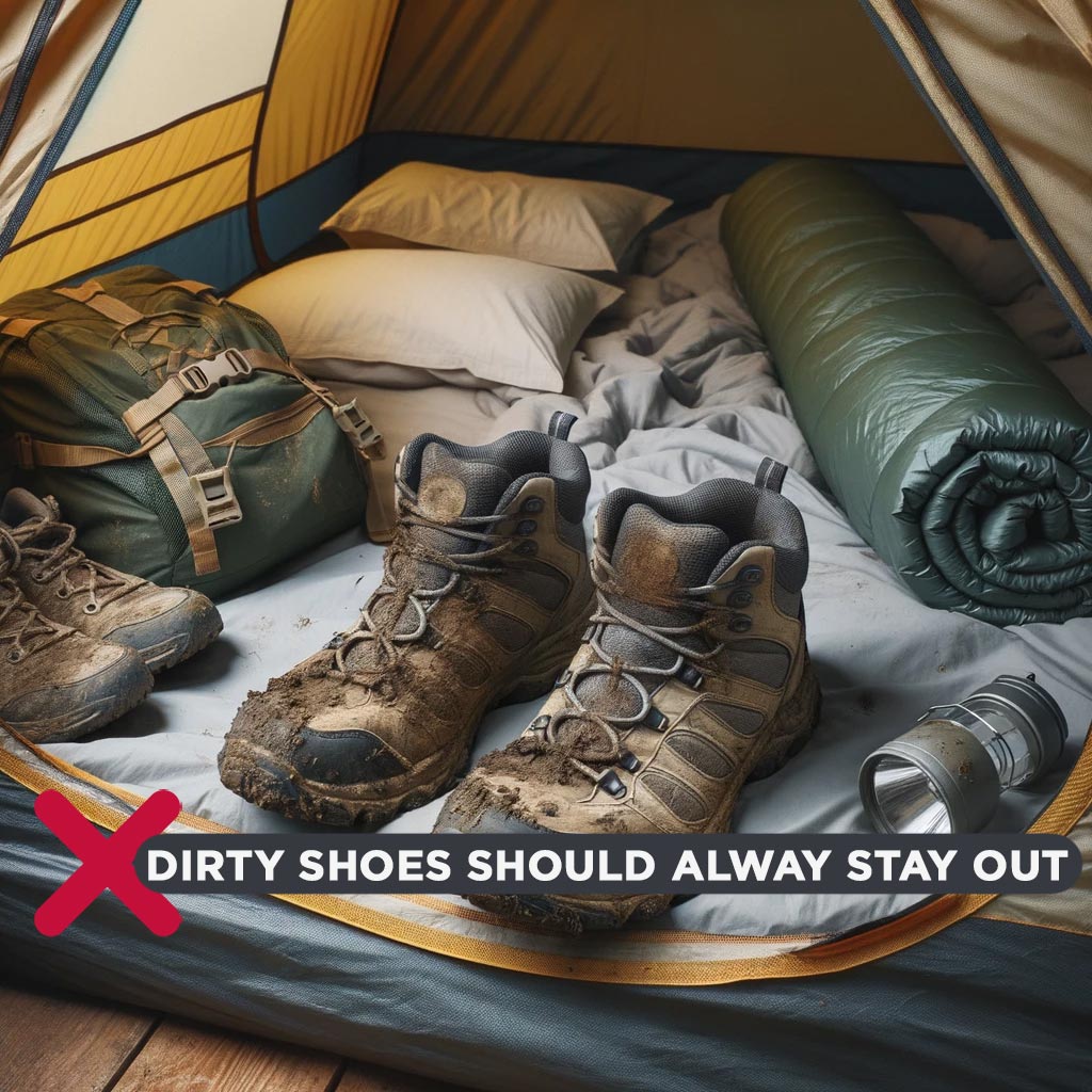 interior of a tent that is well-organized, but there is a pair of dirty, muddy hiking shoes placed inside
