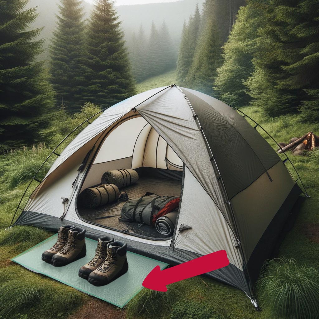 mat in front of a tent if the forest