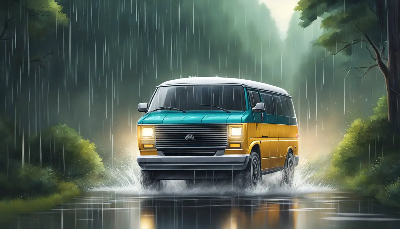 van under the rain crossing a river illustration