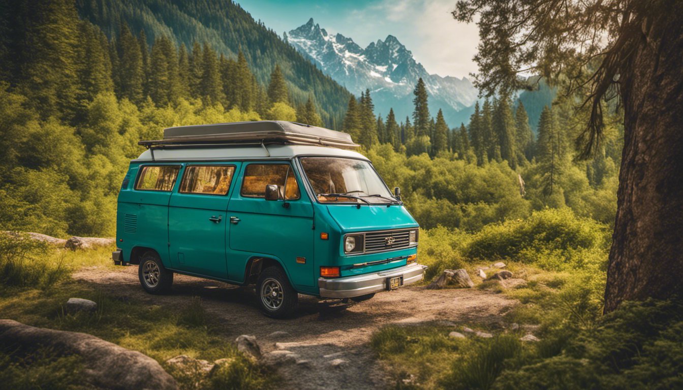 vintaage turquoise campervan in the wild