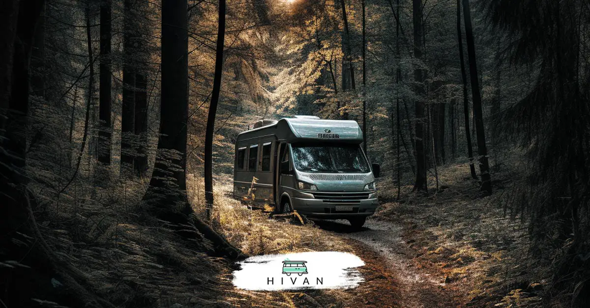 RV in the middle of the forest, off-road path