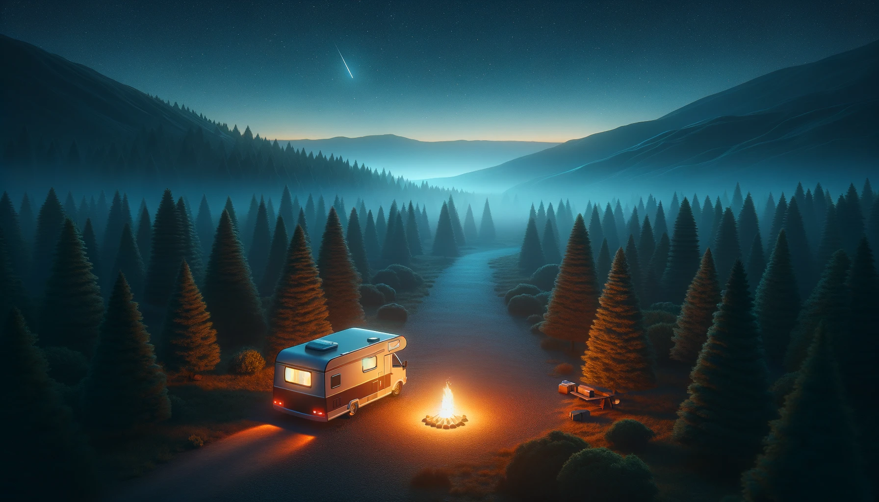 rv parked next to a campfire in the middle of the forest