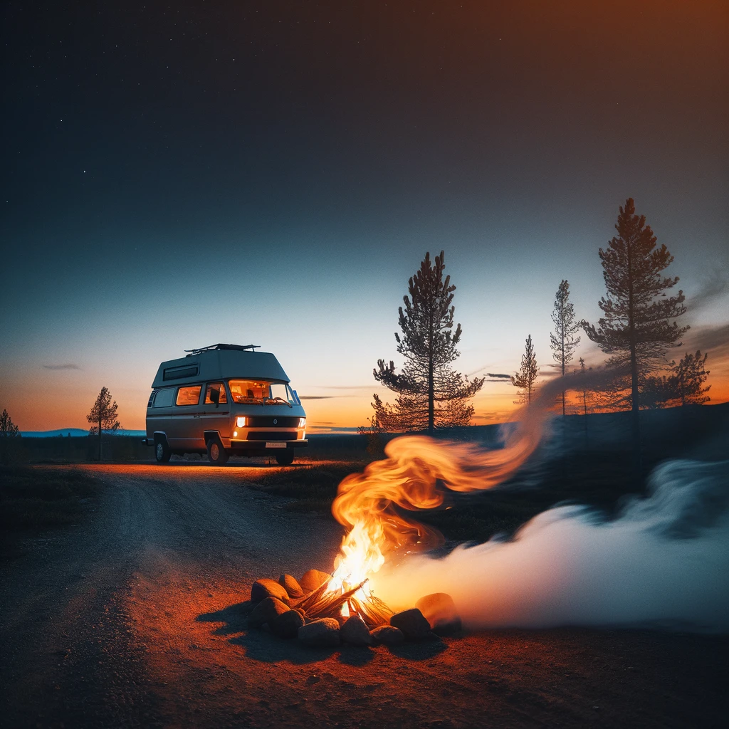 campervan parked upwind from campfire